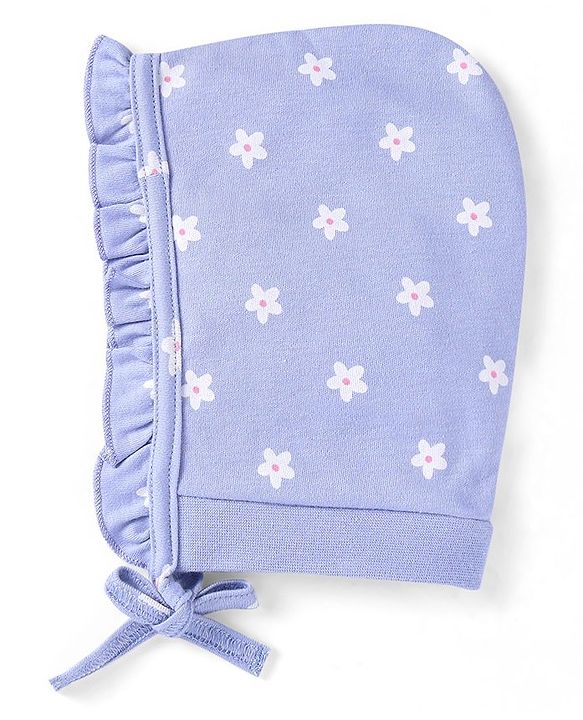 Babyhug 100% Cotton Knit Bonnet Cap Floral Printr Pack of 2 - Mustard & Blue
