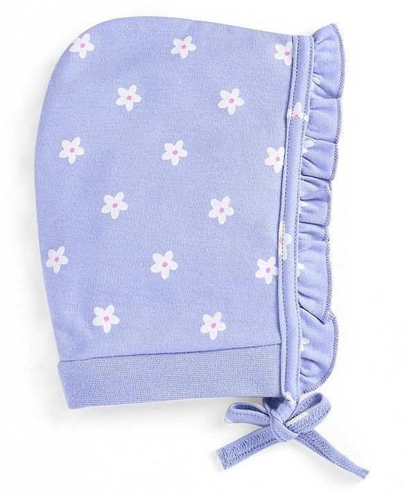 Babyhug 100% Cotton Knit Bonnet Cap Floral Printr Pack of 2 - Mustard & Blue