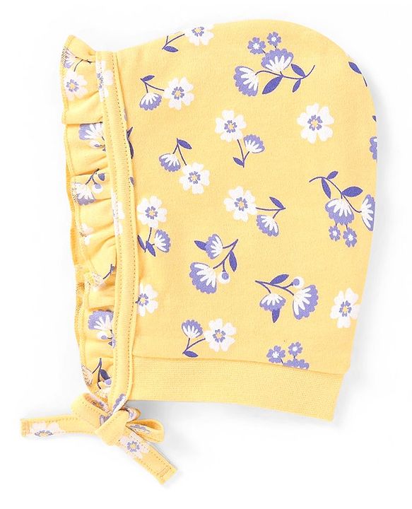 Babyhug 100% Cotton Knit Bonnet Cap Floral Printr Pack of 2 - Mustard & Blue