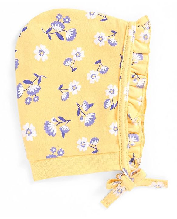Babyhug 100% Cotton Knit Bonnet Cap Floral Printr Pack of 2 - Mustard & Blue