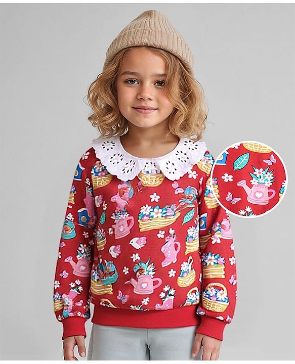 Babyhug Knit Full Drop Shoulder Sleeves Sweatshirt with Floral Graphics & Lace Detailing - Red