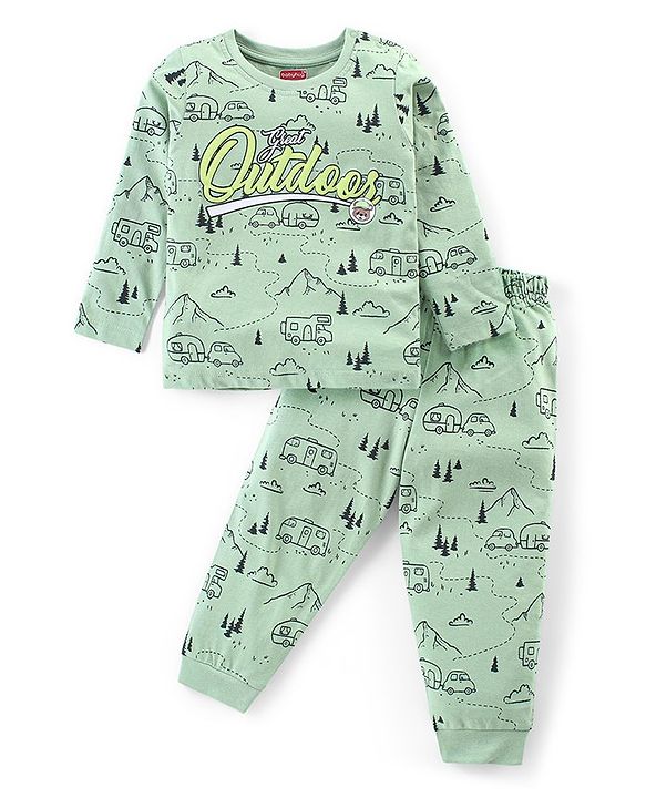 Babyhug Cotton Knit Full Sleeves Night Suit With Outdoor Camping Print - Green