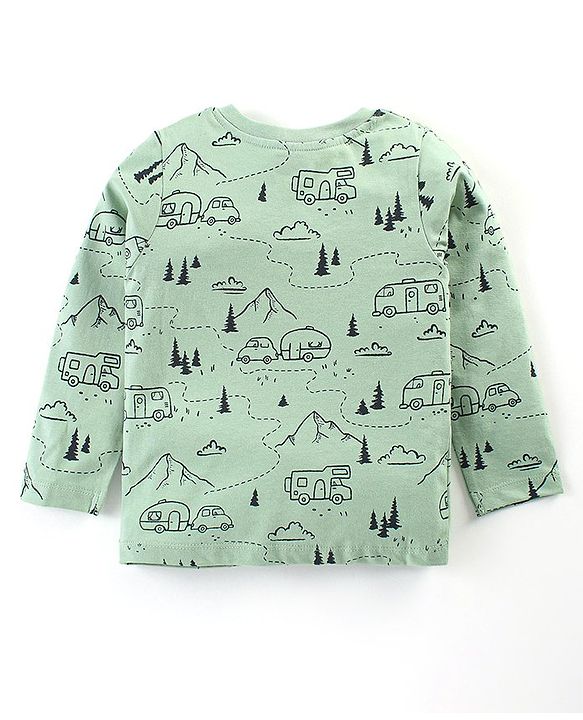 Babyhug Cotton Knit Full Sleeves Night Suit With Outdoor Camping Print - Green