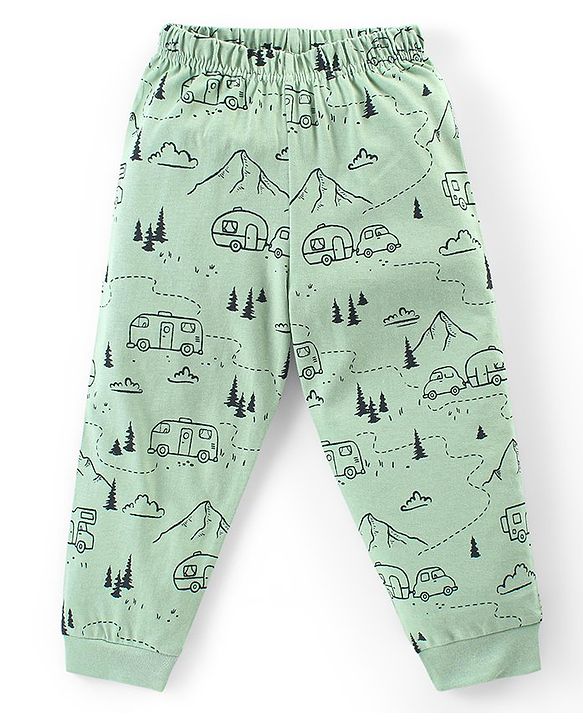 Babyhug Cotton Knit Full Sleeves Night Suit With Outdoor Camping Print - Green