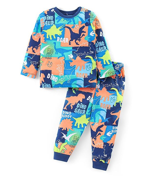Babyhug Cotton Knit Full Sleeves Night Suit With Dinosaurs Print - Multicolor