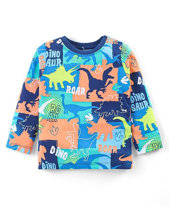 Babyhug Cotton Knit Full Sleeves Night Suit With Dinosaurs Print - Multicolor