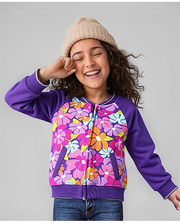 Babyhug Cotton Knit Full Raglan Sleeves Sweat Jacket With Floral Print - Purple