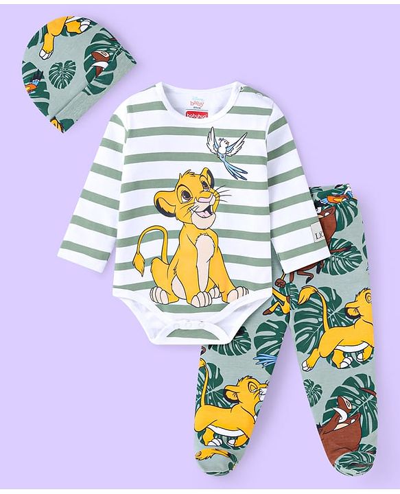 Babyhug Disney Interlock Knit Full Sleeves Striped The Lion King Printed Onesie with Footed Leggings & Cap - White & Grey