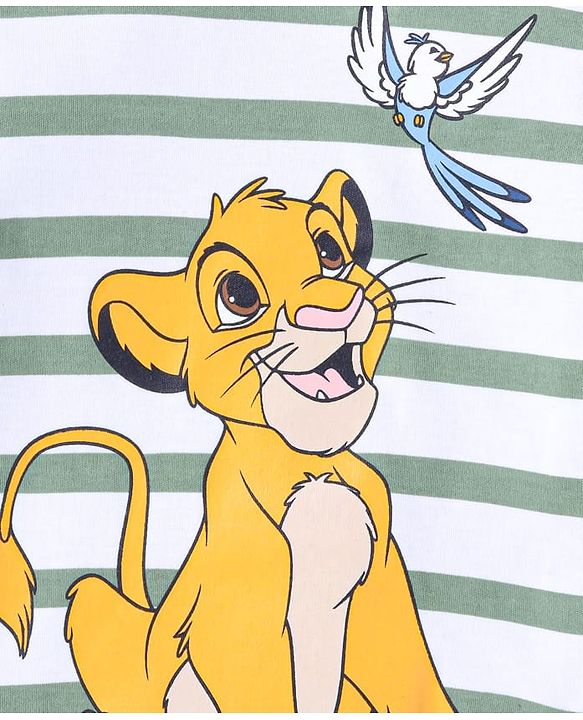 Babyhug Disney Interlock Knit Full Sleeves Striped The Lion King Printed Onesie with Footed Leggings & Cap - White & Grey