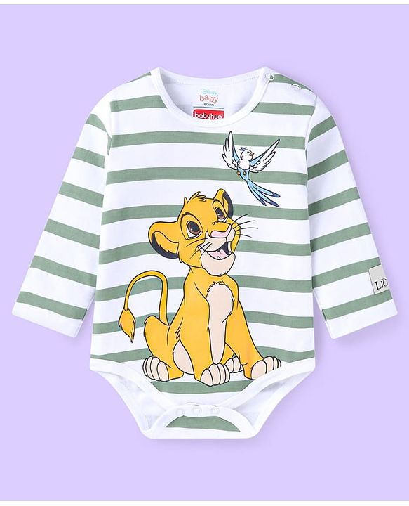 Babyhug Disney Interlock Knit Full Sleeves Striped The Lion King Printed Onesie with Footed Leggings & Cap - White & Grey
