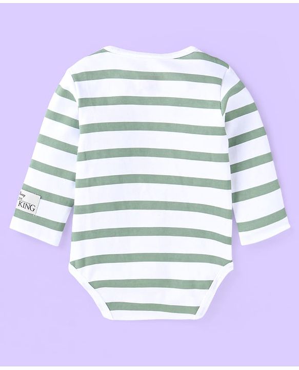 Babyhug Disney Interlock Knit Full Sleeves Striped The Lion King Printed Onesie with Footed Leggings & Cap - White & Grey