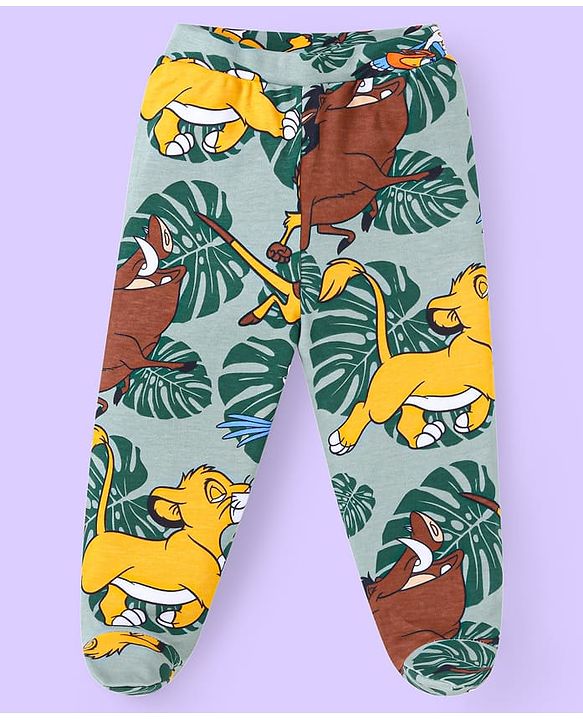 Babyhug Disney Interlock Knit Full Sleeves Striped The Lion King Printed Onesie with Footed Leggings & Cap - White & Grey