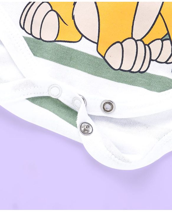 Babyhug Disney Interlock Knit Full Sleeves Striped The Lion King Printed Onesie with Footed Leggings & Cap - White & Grey