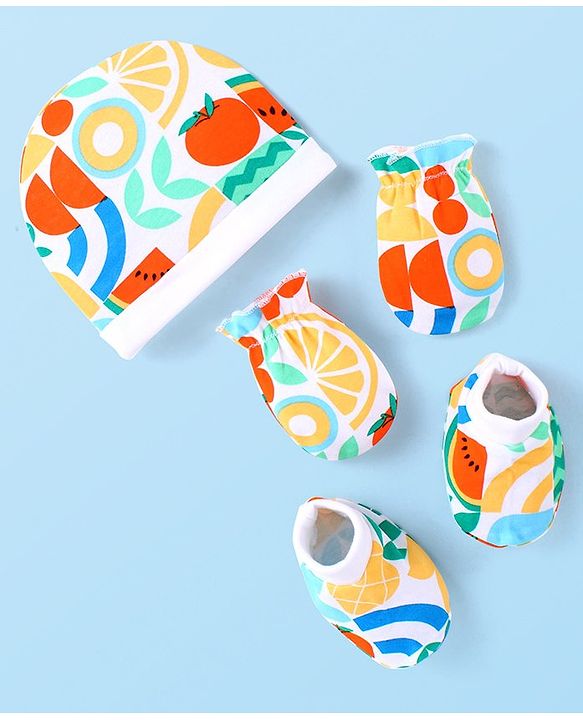Babyhug Cotton Interlock Knit Cap Mittens & Booties Set Fruits Print - Multicolor