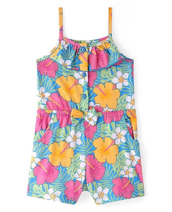 Babyhug Cotton Knit Singlet Sleeves Floral Printed Jumpsuit - Blue & Pink