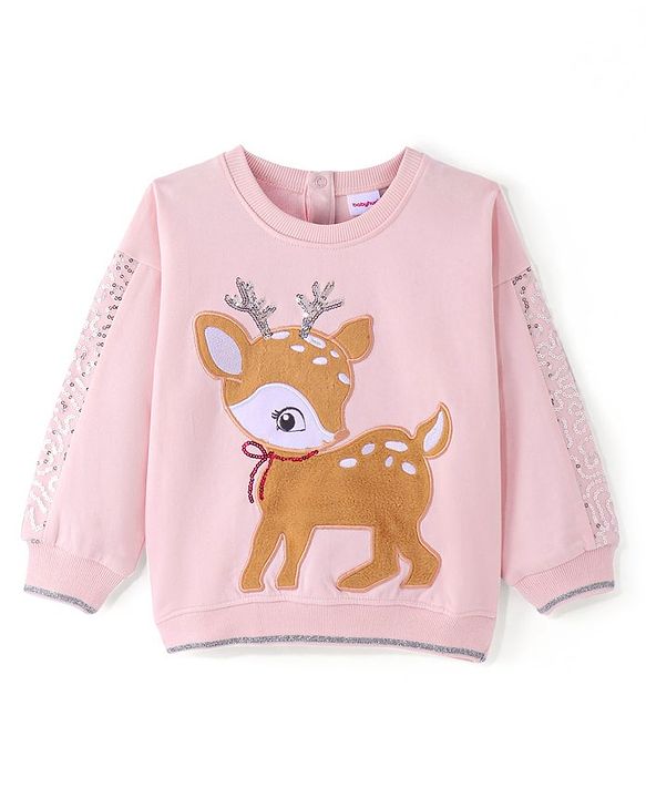 Babyhug Cotton Knit Full Sleeves Sweatshirt with Deer Print - Pink