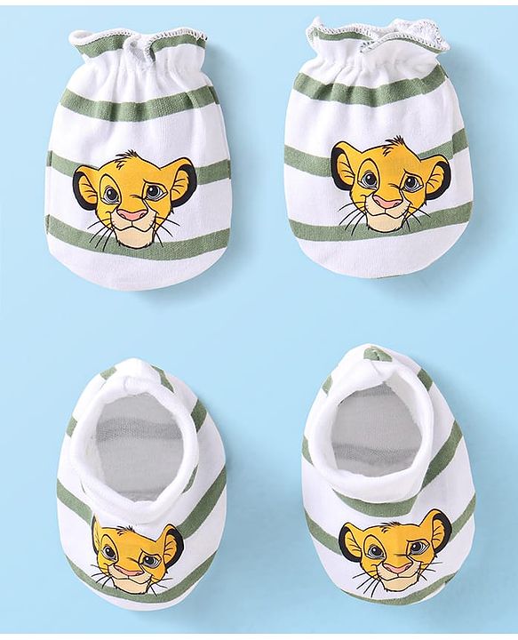 Babyhug Interlock Knit Mittens and Booties With Lion King Print - White