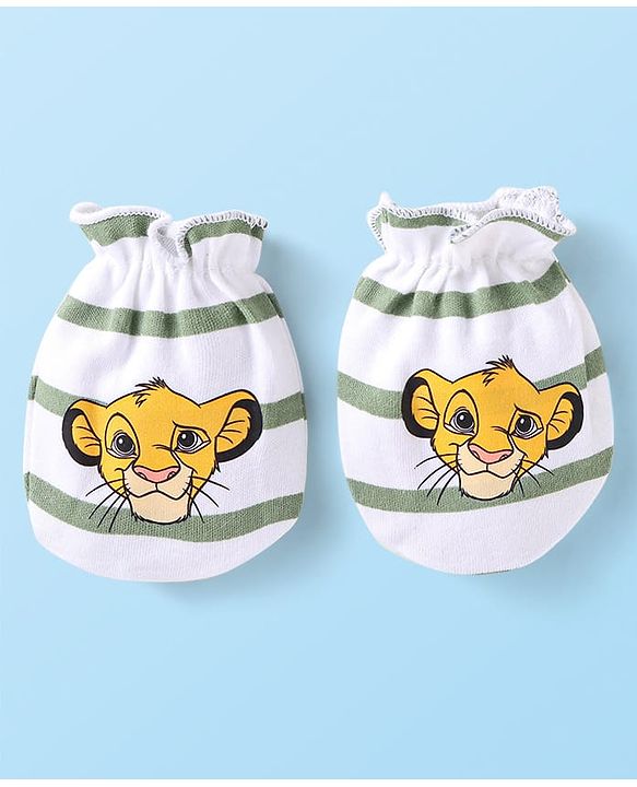 Babyhug Interlock Knit Mittens and Booties With Lion King Print - White