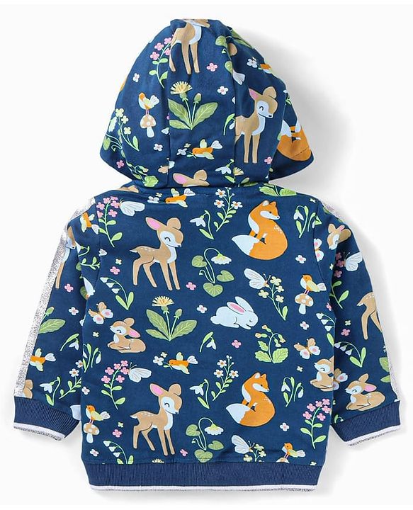 Babyhug Cotton Knit Full Sleeves Hooded Sweatjacket with Kangaroo Pockets Floral & Animal Print - Navy Blue