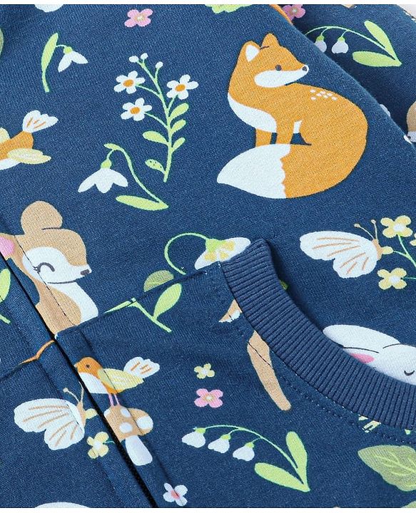 Babyhug Cotton Knit Full Sleeves Hooded Sweatjacket with Kangaroo Pockets Floral & Animal Print - Navy Blue