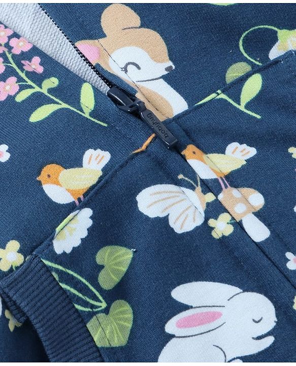 Babyhug Cotton Knit Full Sleeves Hooded Sweatjacket with Kangaroo Pockets Floral & Animal Print - Navy Blue