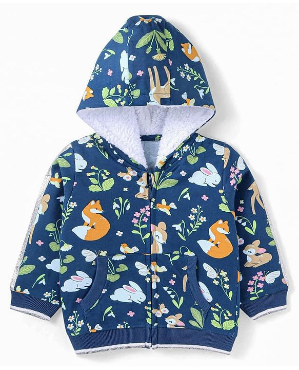 Babyhug Cotton Knit Full Sleeves Hooded Sweatjacket with Kangaroo Pockets Floral & Animal Print - Navy Blue