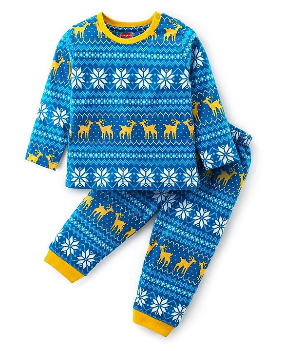 Babyhug Cotton Knit Full Sleeves Night Suit With Intarsia Print - Blue