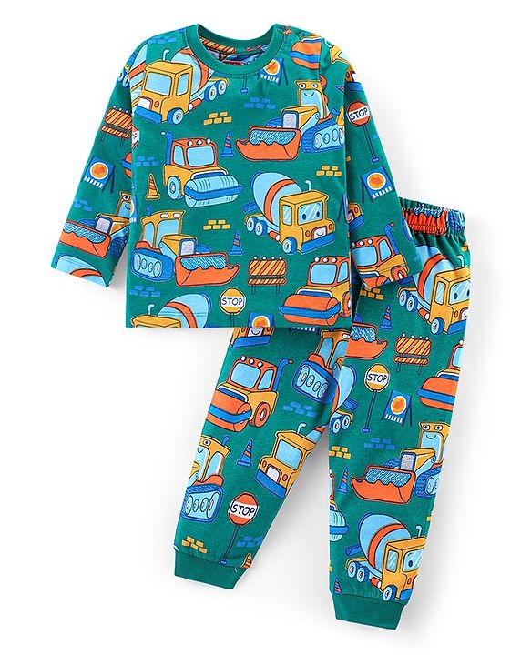 Babyhug Cotton Knit Full Sleeves Night Suit With Construction Vehicles - Green