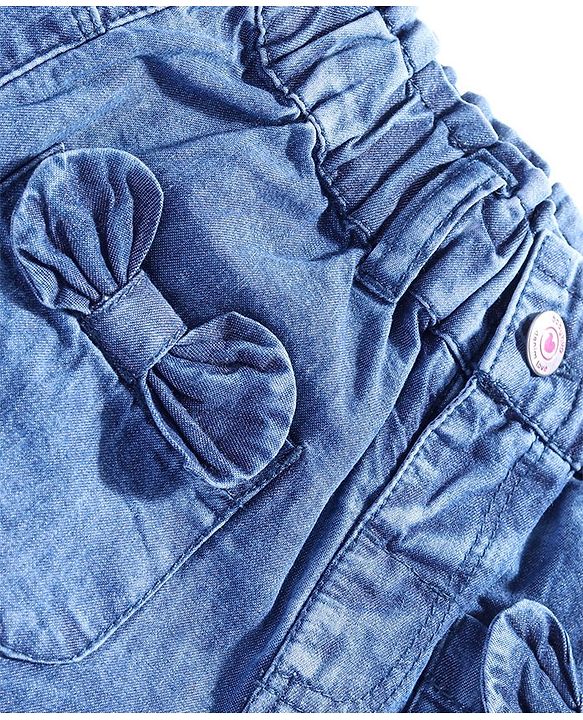 Babyhug Denim Full Length Washed Jeans With Bow Applique - Blue