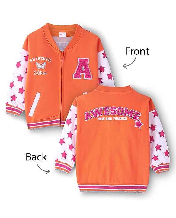 Babyhug Cotton Knit Full Sleeves Drop Shoulder Bomber Jacket with Star Print & Embroidery - White & Orange