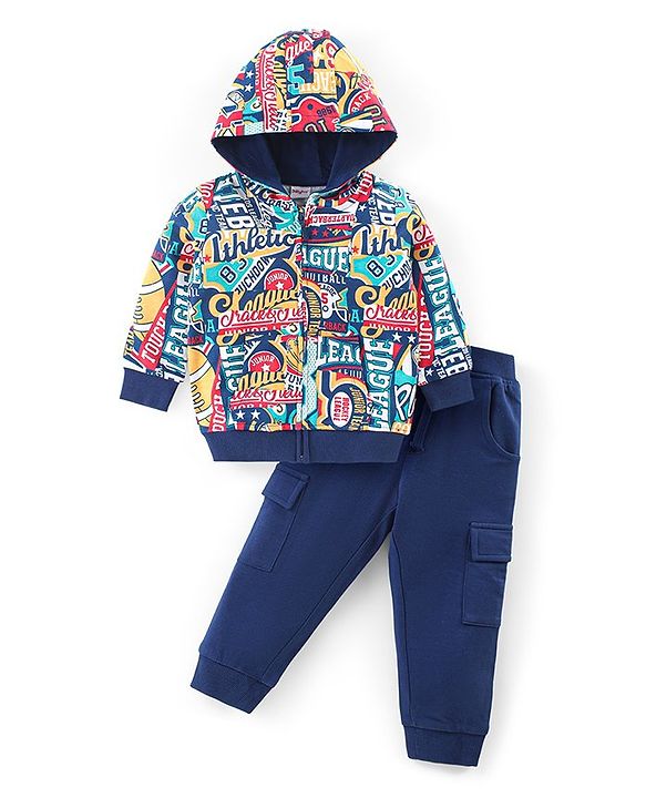 Babyhug Terry Knit Full Sleeves Hooded Sweatshirt & Joggers Set Text Print - Multicolour