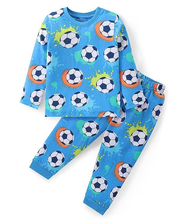 Babyhug Cotton Knit Full Sleeves Football Printed Night Suit - Blue