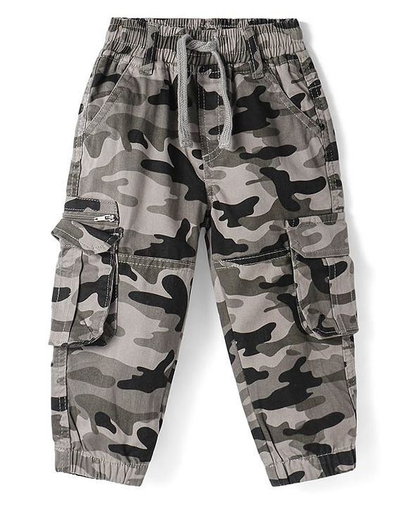 Babyhug Cotton Lycra Woven Full Length Camouflage Printed Trouser with Cargo Pockets - Olive Green