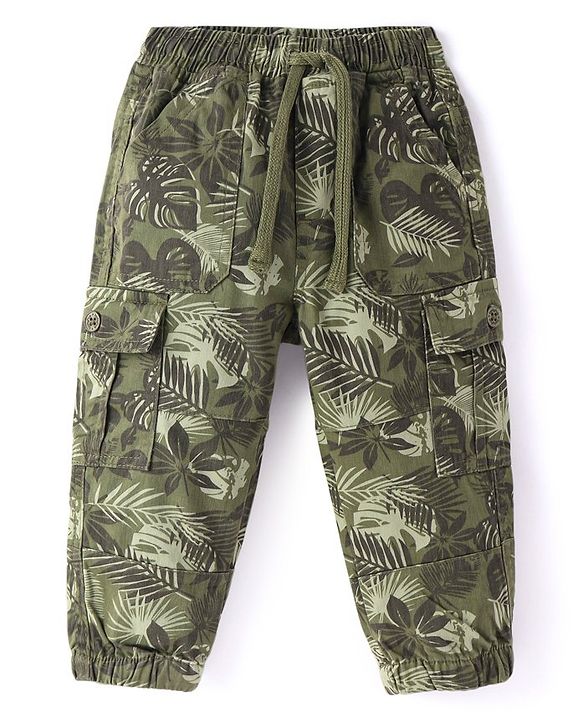 Babyhug Cotton Woven Full Length Trouser With Camouflage Print - Olive Green