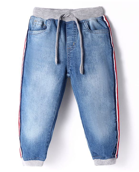 Babyhug Cotton Blend Denim Washed Joggers with Stretch - Blue