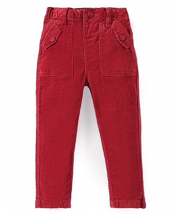 Babyhug Cotton Woven Full Length Solid Colour Corduroy Pants with Stretch - Red