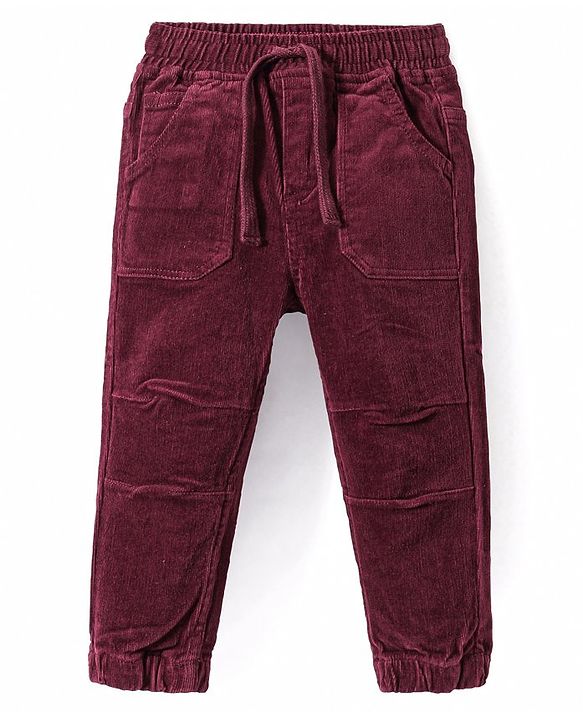 Babyhug Cotton Lycra Woven Full Length Corduroy Pants with Stretch Solid Color - Maroon