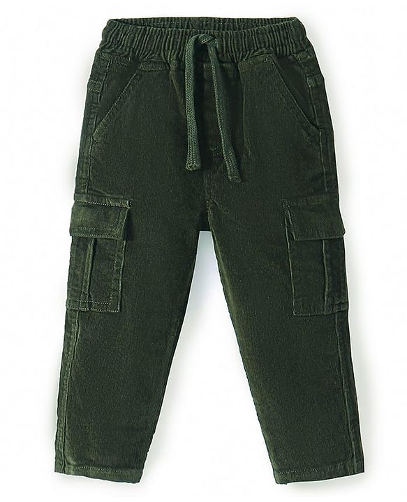 Babyhug Cotton Lycra Woven Full Length Corduroy Pants - Olive Green