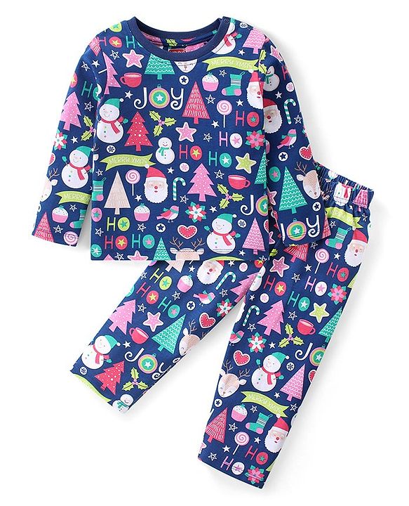 Babyhug Cotton Interlock Knit Full Sleeves Front Open Night Suit Space Print - Navy Blue main image 0