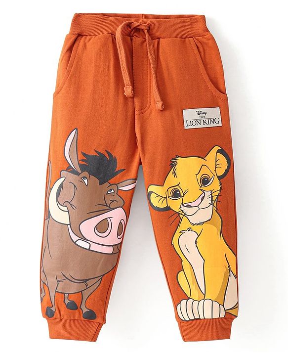 Babyhug Disney Terry Knit Track Pants with Simba & Friends Graphics and Badge Detailing - Orange