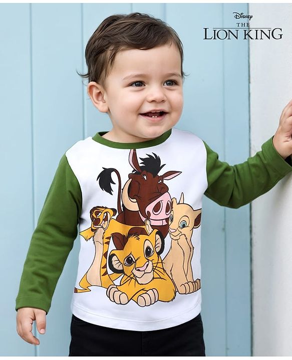 Babyhug Disney Single Jersey Knit Full Sleeves T-Shirt with Simba & Friends Graphics Badge Detailing - Green & White