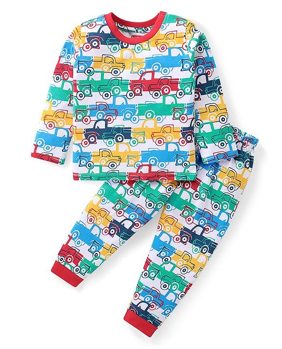 Babyhug Cotton Knit Full Sleeves Night Suit with Truck Print - White