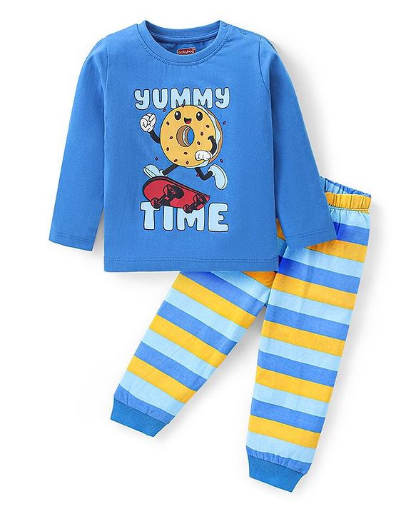Babyhug Cotton Knit Full Sleeves Night Suit Skaters Print - Blue