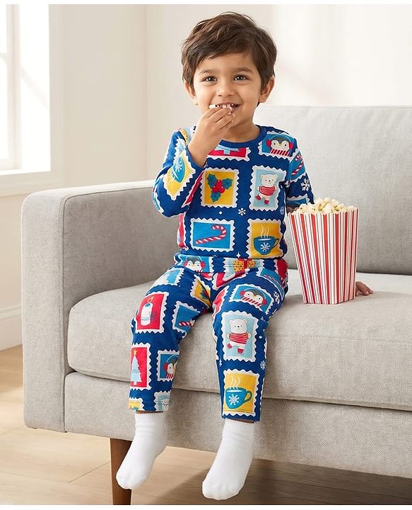 Babyhug Cotton Knit Full Sleeves Night Suit with Stamp Print - Navy Blue