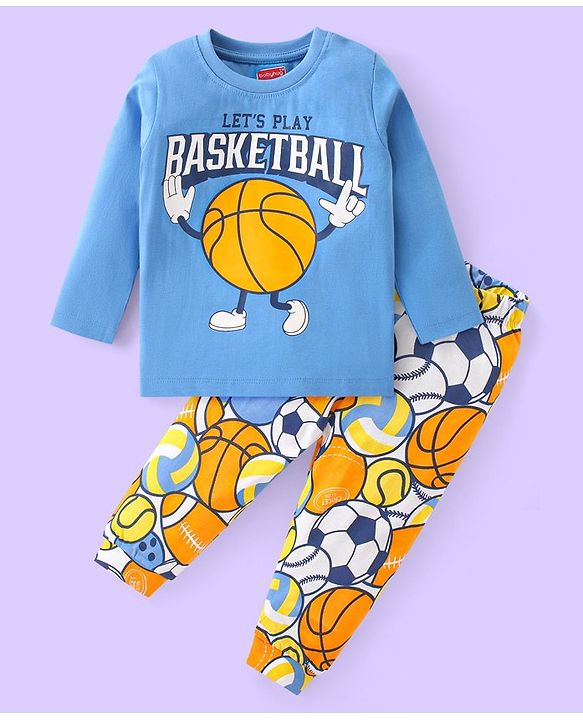 Babyhug Cotton Knit Full Sleeves Night Suit With Basketball Print - Blue