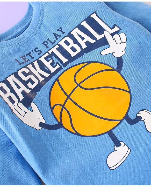 Babyhug Cotton Knit Full Sleeves Night Suit With Basketball Print - Blue