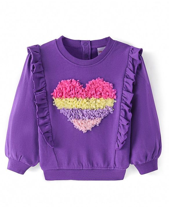 Babyhug Cotton Knit Full Sleeves Solid Coloured Sweatshirt with Heart Embroidery & Frill Detailing - Purple