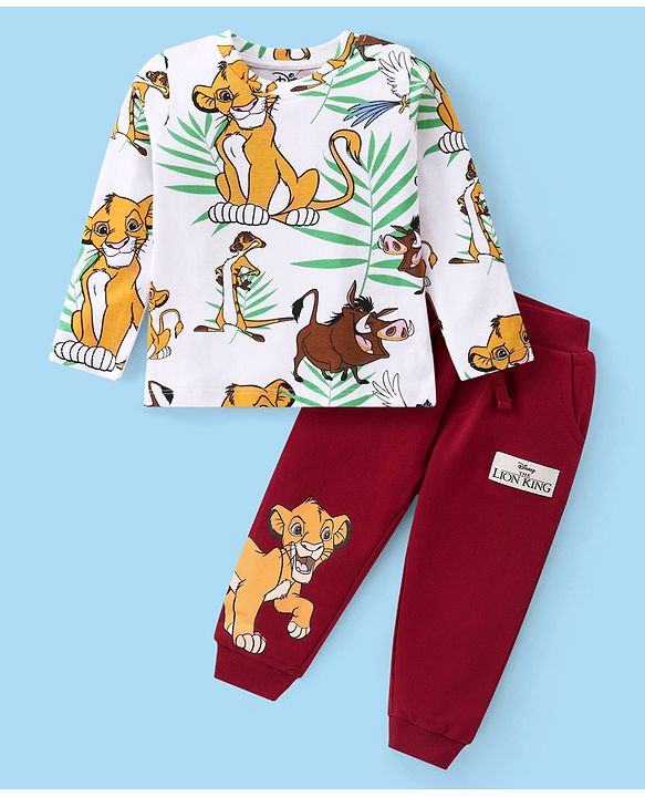 Babyhug Disney Cotton Knit Full Sleeves T-Shirt & Lounge Pants Set With Lion King Graphics & Badge Detailing - White & Dark Red