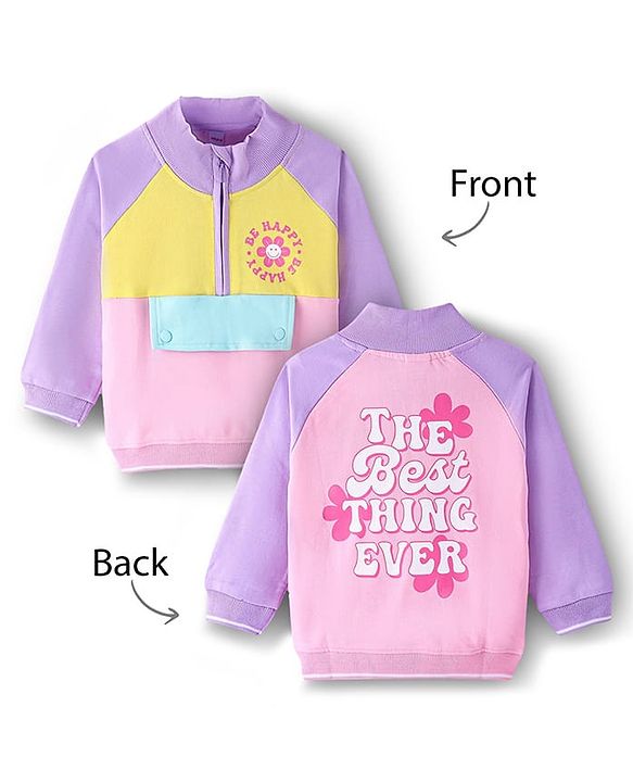 Babyhug Cotton Knit Full Raglan Sleeves High Neck Sweatshirt with Cut & Sew Design & Floral Print -  Pink