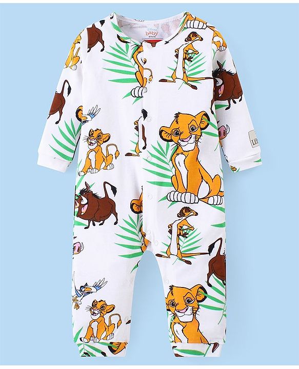 Babyhug Disney Cotton Knitted Full Sleeves Romper With Lion King Graphics - White